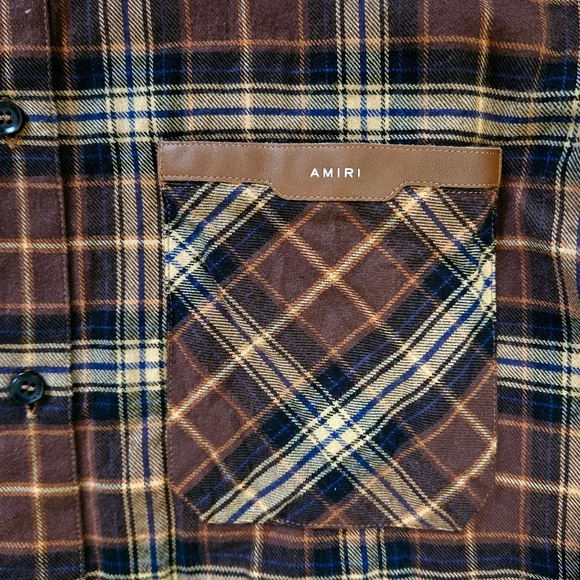 Amiri | Leather Logo Flannel Button Down Shirt | Brown | Mens | Size Large - Picture 12 of 16